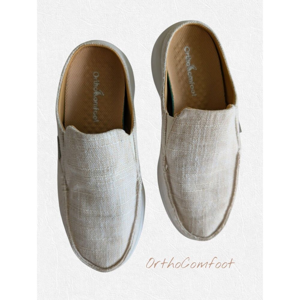 OrthoComfoot Orthopedic Canvas Slip On Mule Clogs Beige Comfort Shoes